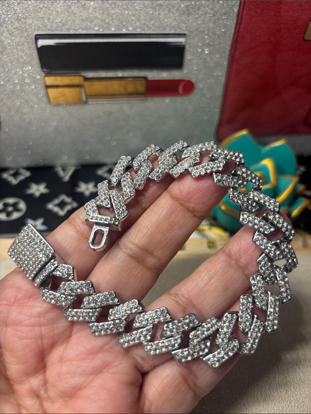 8”Men's Silver-Tone Paved Cuban Link Bracelet with Clear Crystals